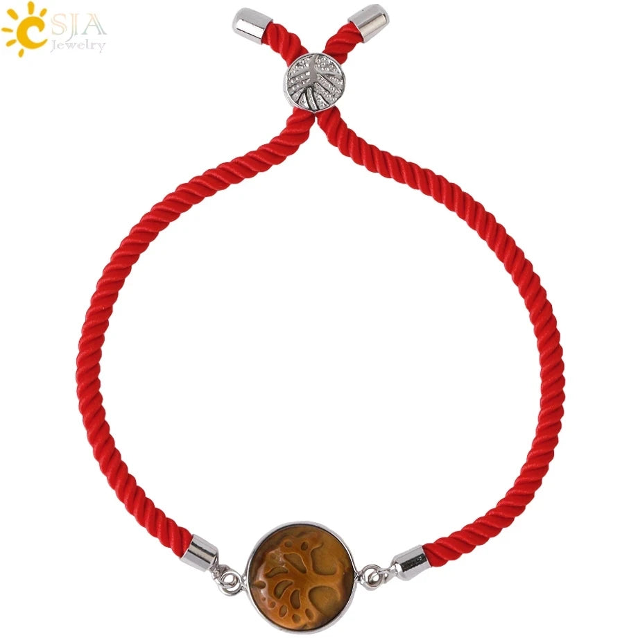 CSJA New Carving Tree of Life Charm Lucky Red Nylon Rope Adjustable Healing Crystal Natural Stone Bracelet Women Wholesale H032