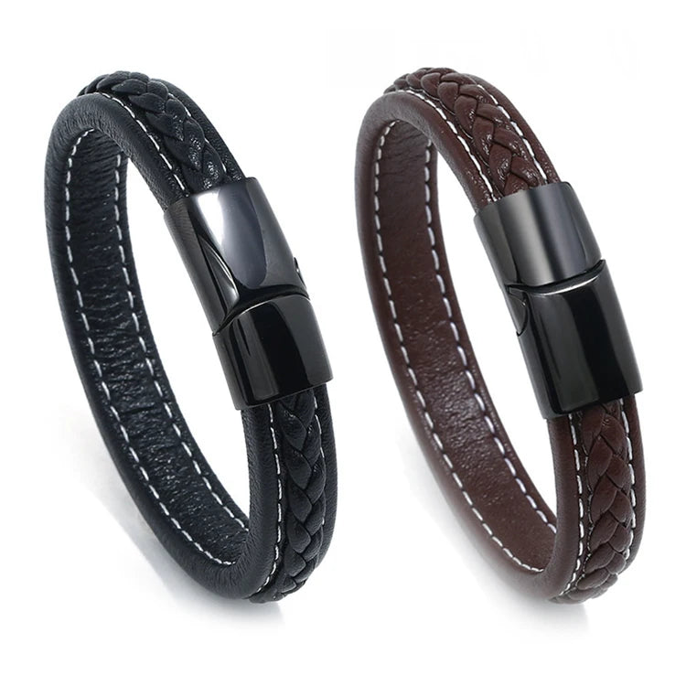 Vintage Stainless Steel Magnetic Buckle Mens Black Brown Real Genuine Cow Leather Bracelet Jewelry