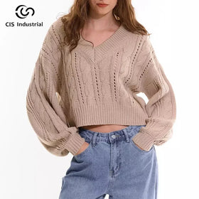 Custom Women's Casual Knitted V-Neck Jumper Long Sleeve Pullover Sweater with Drop Shoulder