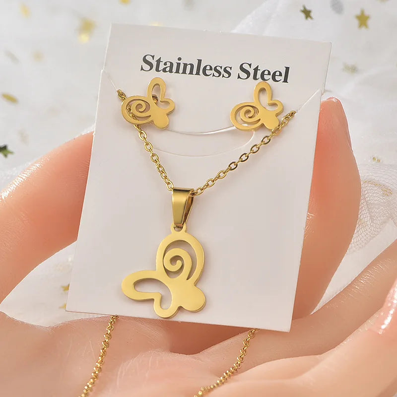 9 Style Fashion Butterfly Elephant Swan Dolphin Turtle Pendant Stainless Steel Necklace and Earring Set for Women Jewelry