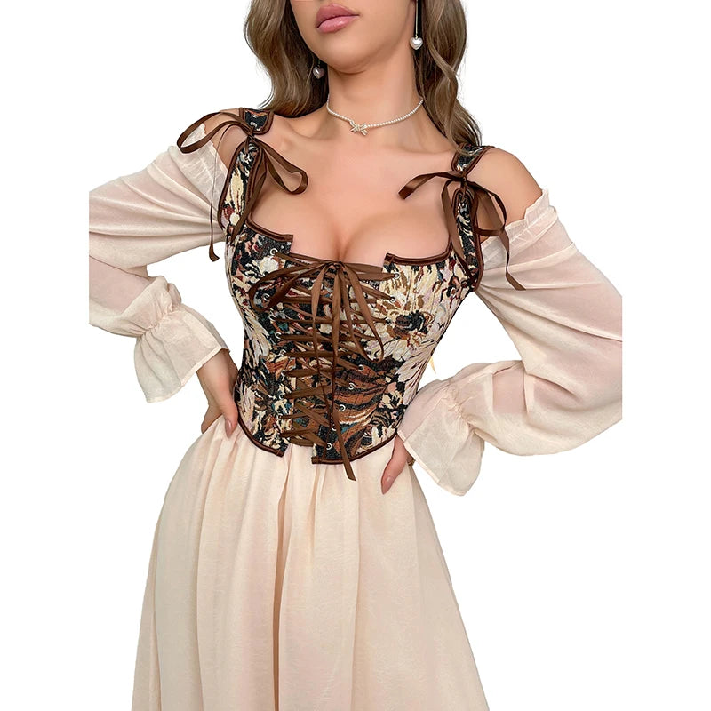 Women Retro Vintage Victorian Push up Bustier Flower Embroidered Plus Size Corset Top