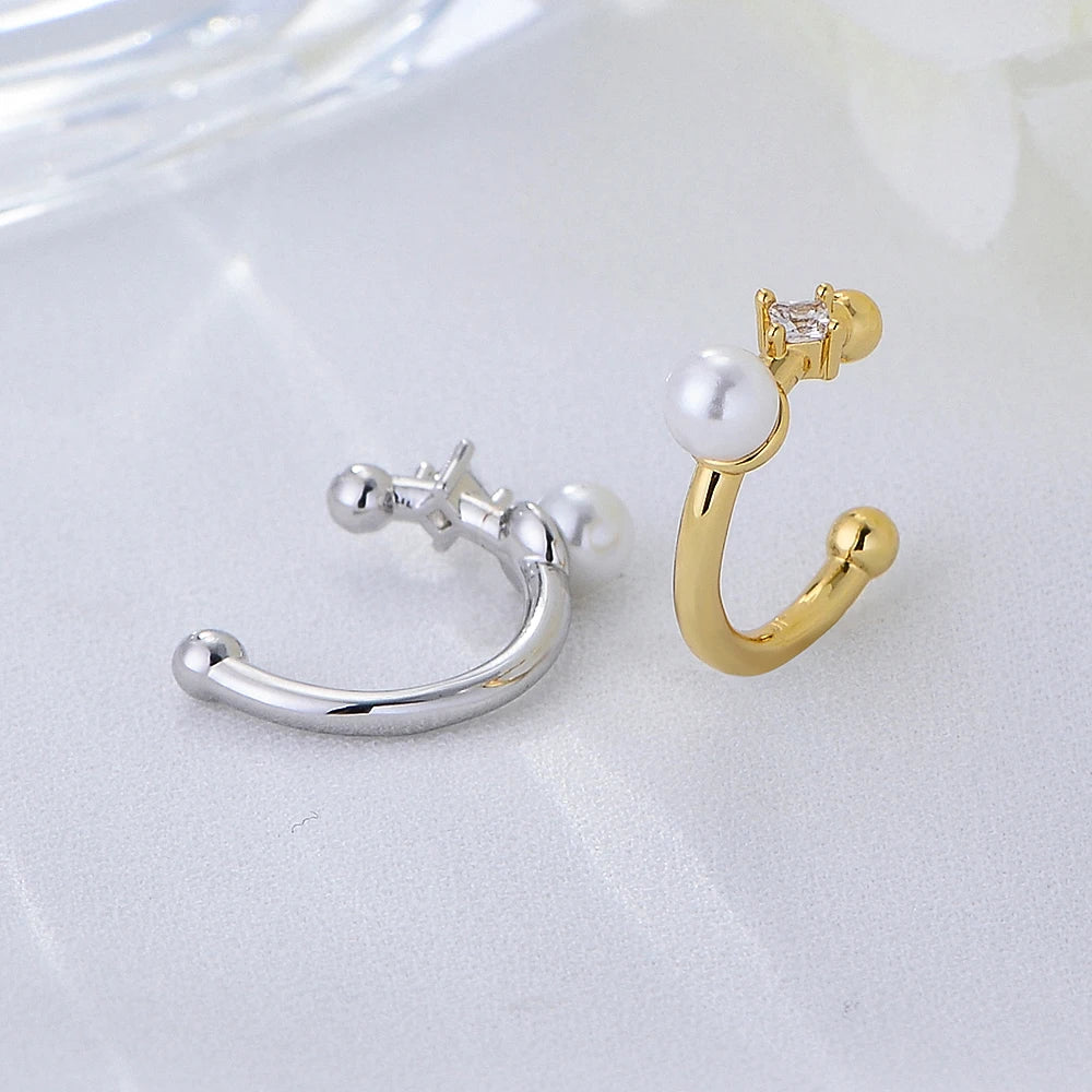 Minimalist Single Shell Pearl Clip on Stud Ear Jewelry Psj Brass Rhodium 18k Gold Plated Cuff Earrings for Women Girls