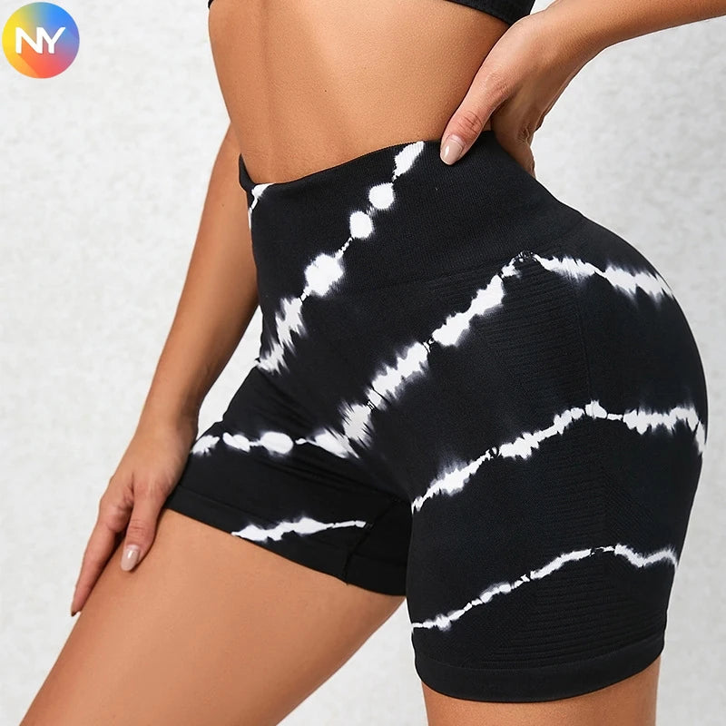 Women's Wavy Tie Dye Seamless High Waist Workout Shorts - Unique Striped Tie Dye Peach Butt Lift TikTok Popular Yoga Shorts