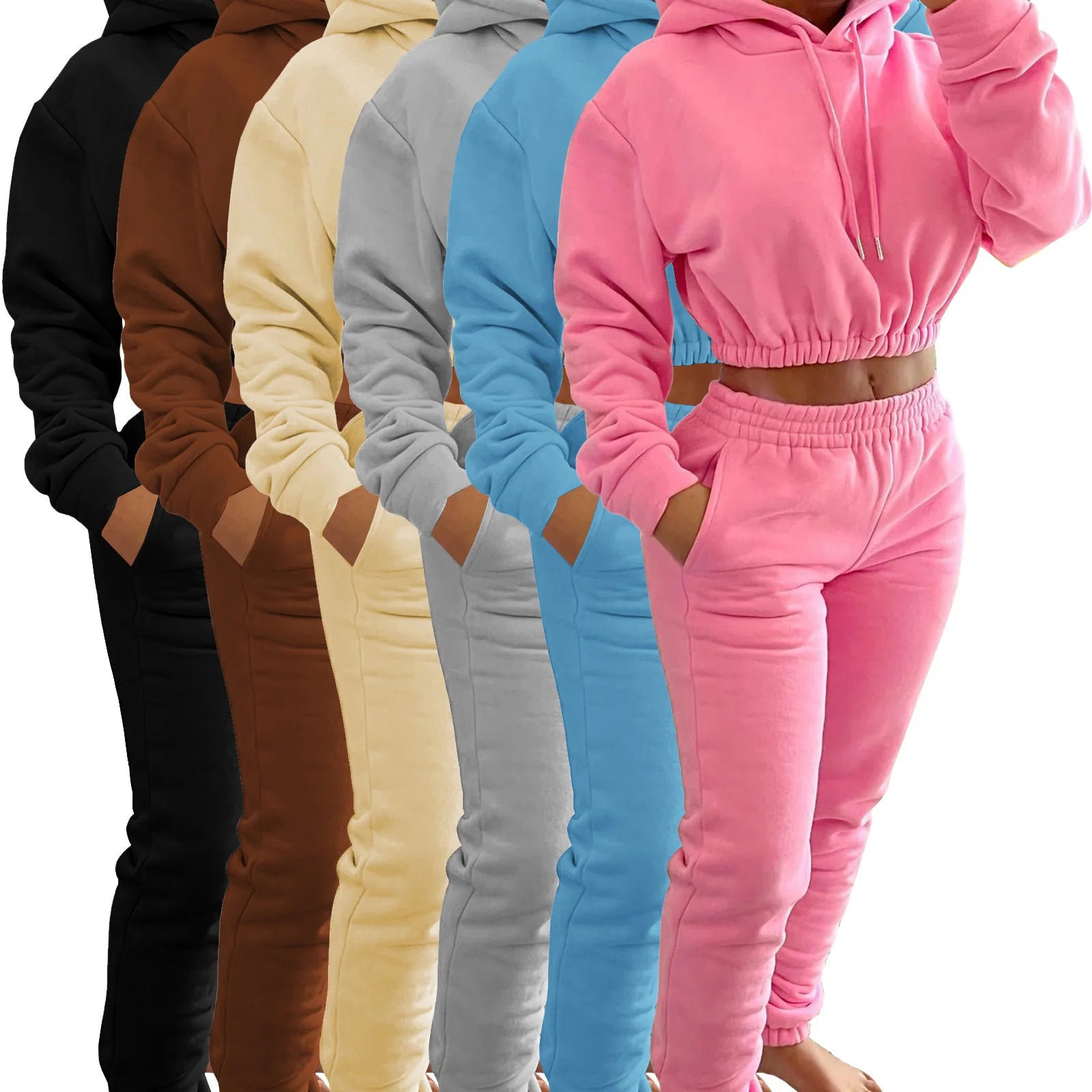 2023 Fleece Long Sleeves Crop Hoodie and Sweat Pants Set Jogger Tracksuit Set Two Pieces Sports Street Outfit Suit Training Wear