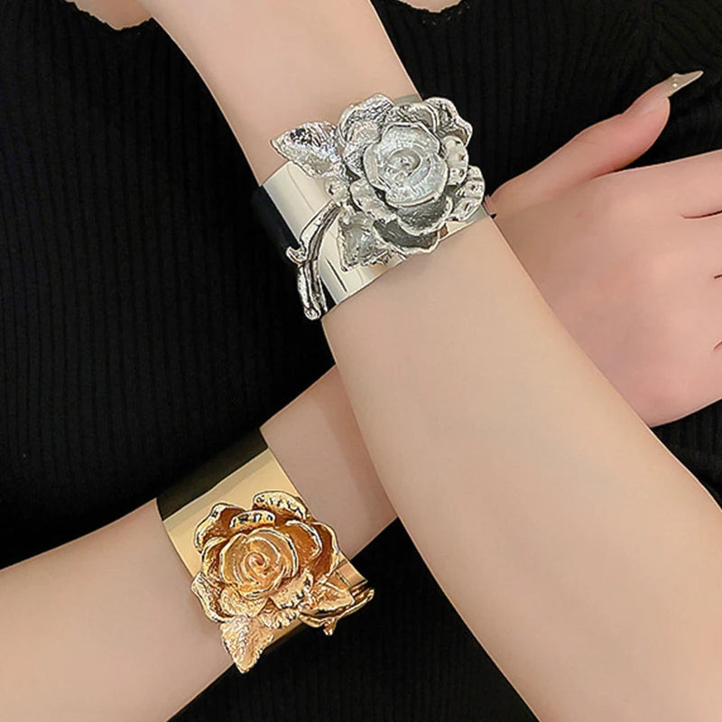 2025 New Arrival  Metal Rose Bundle Open Bracelet Arm Ring Handmade for Women Gold/Silver Rose Flower Cuff Bangle Bracelets