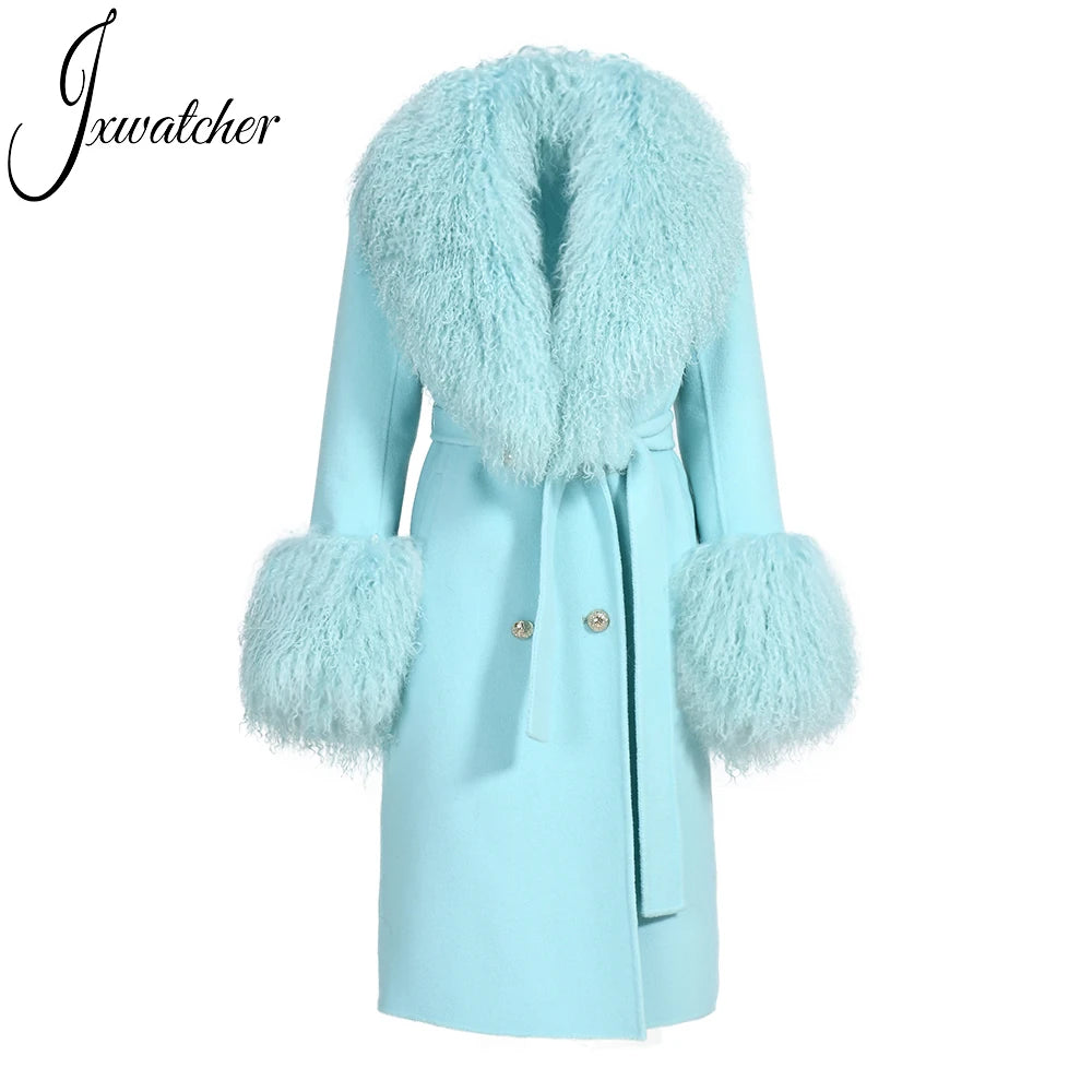 Wholesale Real Fur Collar Double Faced Slim Casual Luxury Double Breasted Long Women Winter Wool Button Breathable Trench