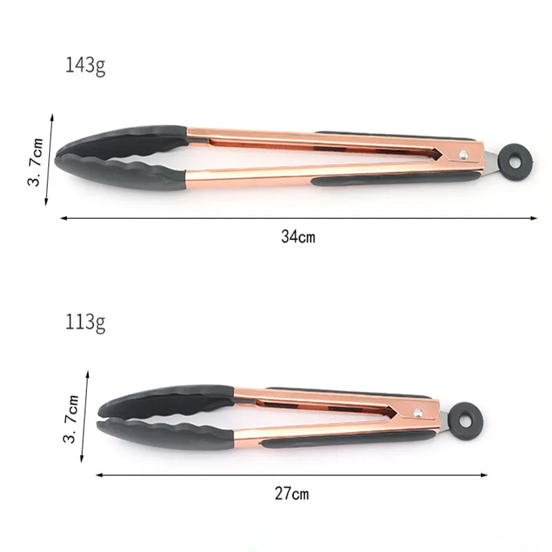 9-12 Inch Heavy Duty Silicone Tongs Set Rose Gold Plating Finish Utensils for Home Kitchen Salad Food & Cooking