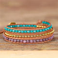 YueTong Boho Purple Green Gold Leather Wrap Bracelet 3 Times Wrap Around Leather Bracelet Gemstones Beads Bracelet Dropshipping