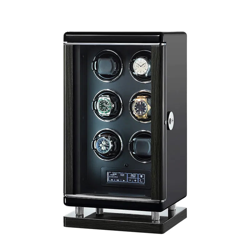 Embers Luxury Wooden Rectangle Watch Winder 6-Slot Storage Box with Fingerprint Lock Ambient Light Durable & Dustproof