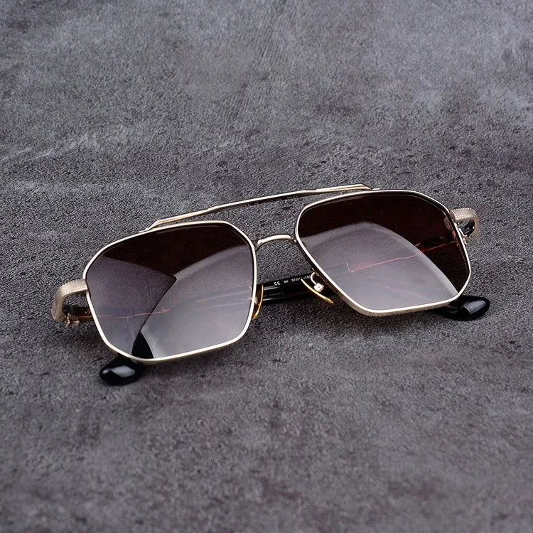 Double Bridge Titanium Alloy Sunglasses for Men New Fashion Square UV Sun Glasses Gold Frame Tac Gafas De Sol De Lujo Brand