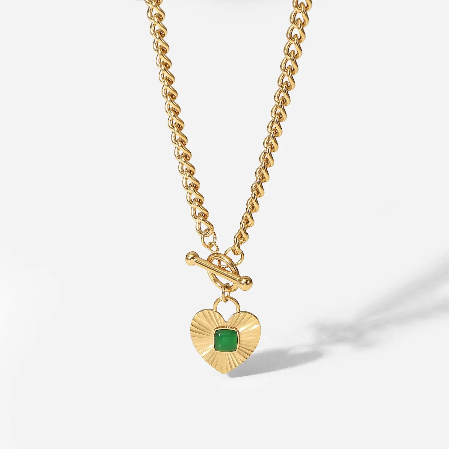 INS Cuban Green Zircon Inlaid 14k Stainless Steel Gold Plated Agate Necklace Jewelry Heart Pendant Necklace