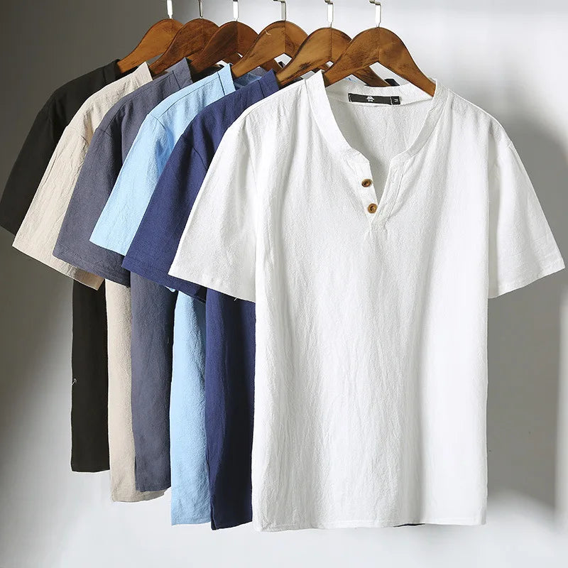 Street Style M-5XL Linen Summer Short Sleeve T-shirt Men's Plus Size Cotton Linen Half Sleeve Thin T-shirt Men's Wear