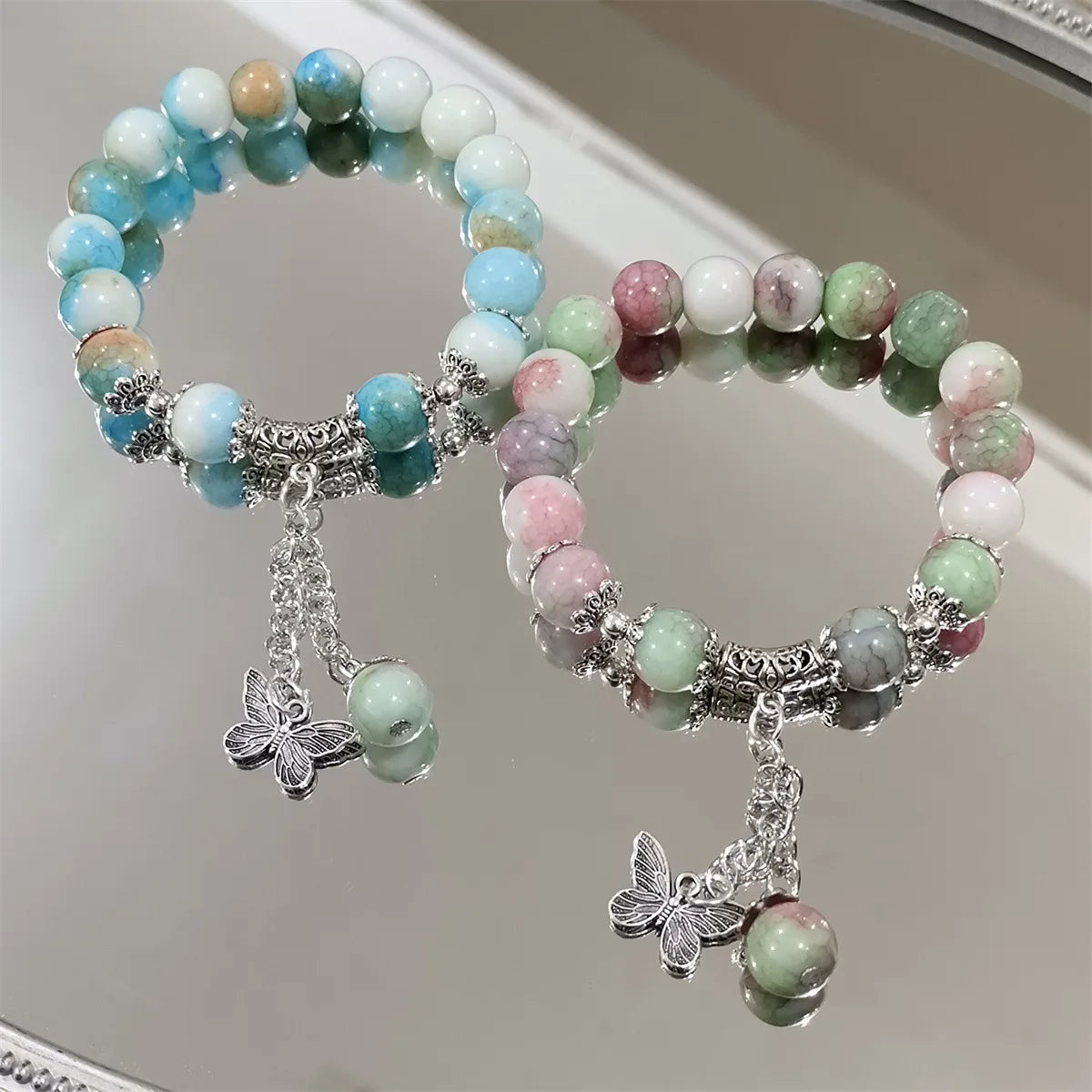 Fashion Elastic Colorful Beads Bracelet Lava Turquoise Crystal Gemstone Beads Elegant Butterfly Pendant Bangles Wedding Gift