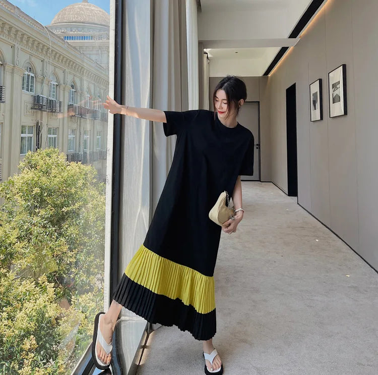 Wholesale 2026 Summer New Korean Version Loose Large Size Trousers Stitching Over the Knee Dress Short Sleeve T-shirt Dress