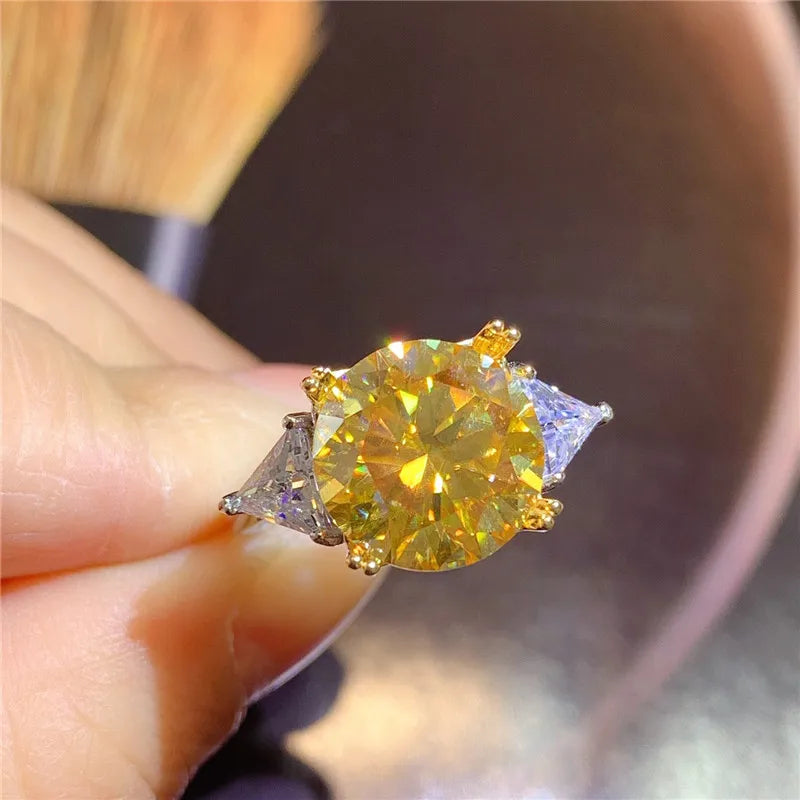 Silver 925 Original Excellent Cut  5 Carat Diamond Test Past Sparkling Yellow Moissanite Cushion Ring Brilliant Gemstone Jewelry