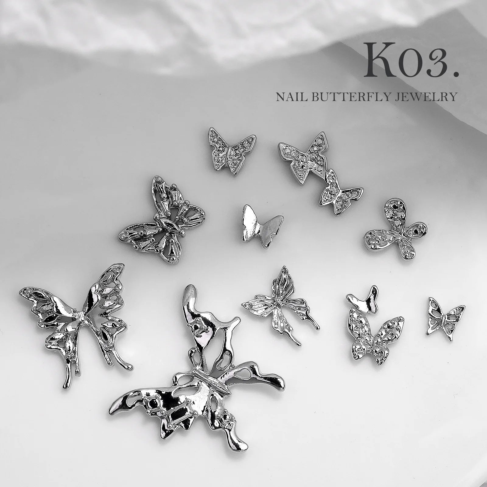 Misscheering Nail Art Silver Alloy Jewelry Light Luxury 3D Bow Metal Large butterfly wings Nail Diamond Accessories