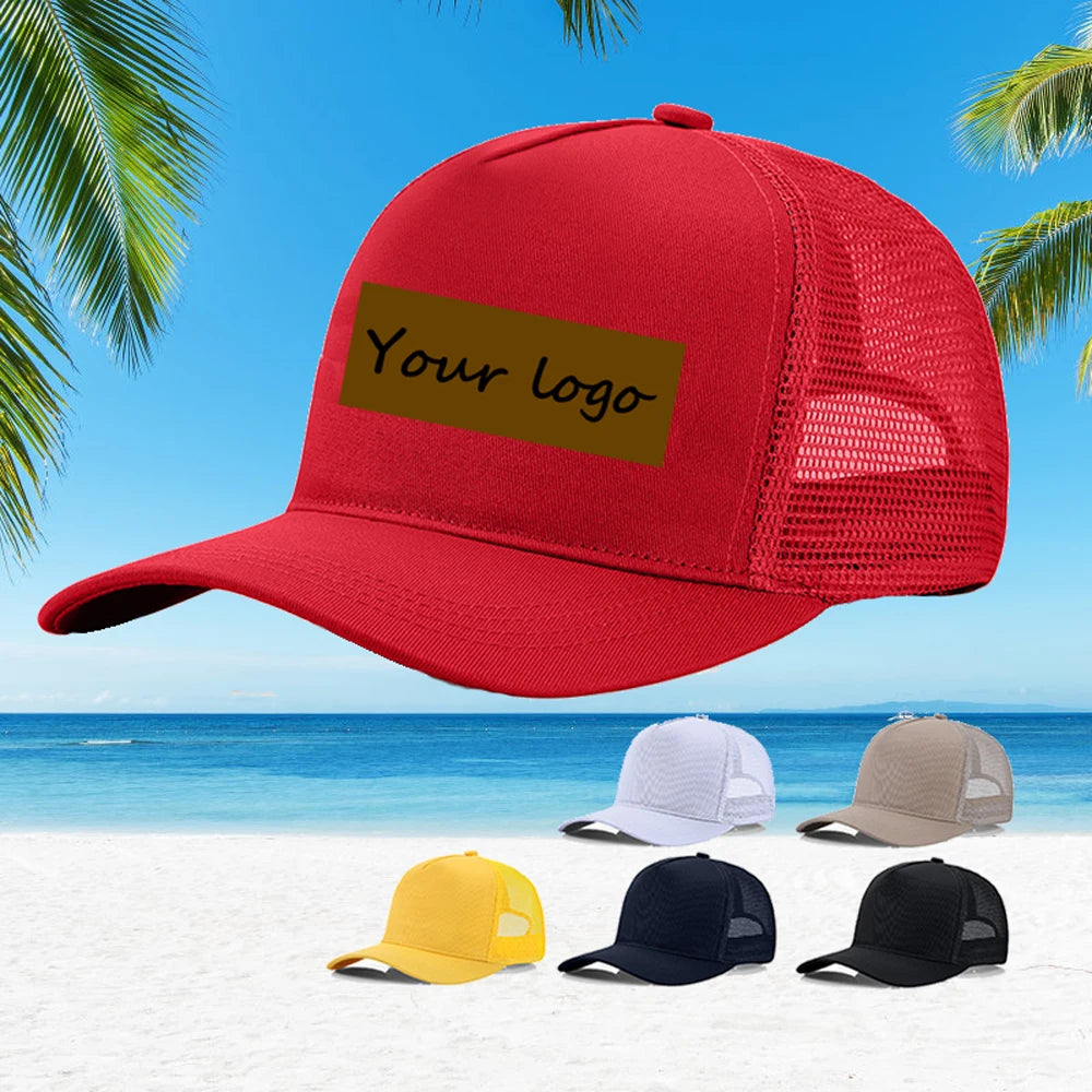 5-Panel Plain Cotton Trucker Cap Breathable Sun Cap Curved Visor Mesh Fashionable Gorra for Cycling Featuring Custom Logo Patch