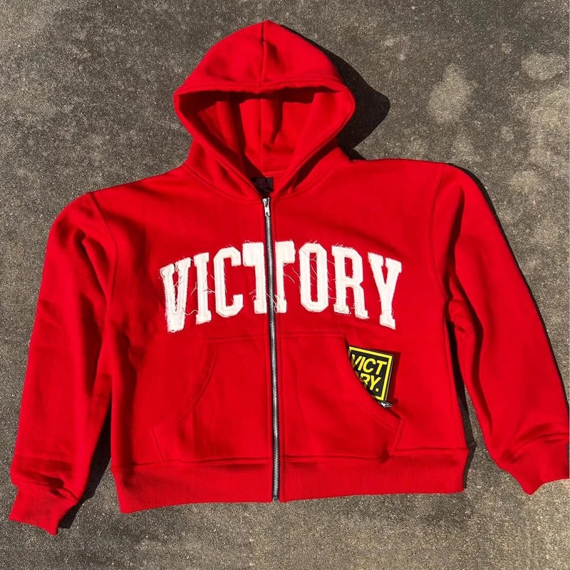 Custom Distress Embroidered Logo Red Zipper Hoodies Men Heavyweight Street Wear Distressed Crop Zip up Hoodies