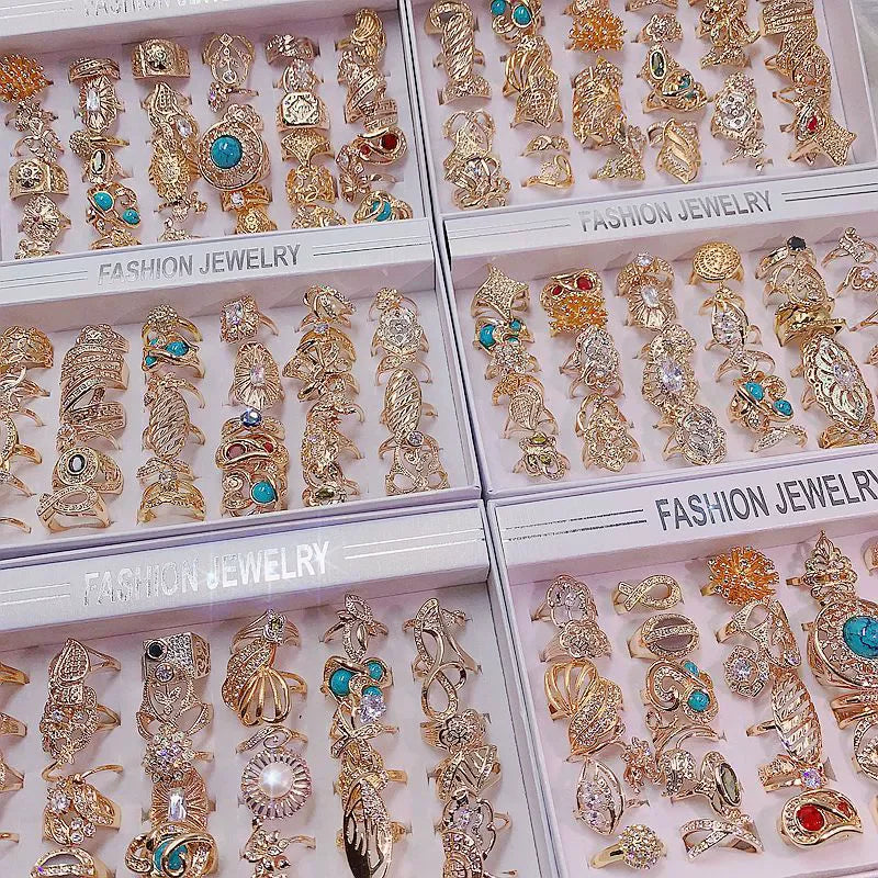 24K Gold Plated Color Zircon Ring with Exaggerated Retro Design Sparkling Diamonds Turquoise Jewelry Ring Wholesale NJ2106236