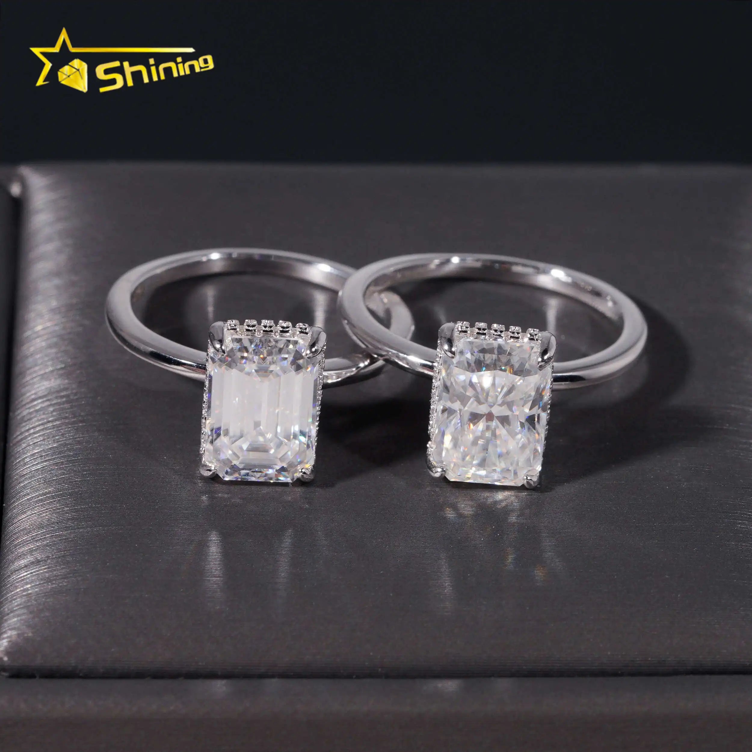 Fashion Women Jewelry Radiant Cut 3ct Moissanite 925 Sterling Silver Gold Plated Halo Set Plain Band Engagement Women's Rings