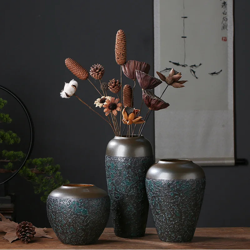 Antique Bronze Coarse Pottery Vase Antique Bubble Glaze Craft  Hydroponic Flower Vase Chinese Decoration