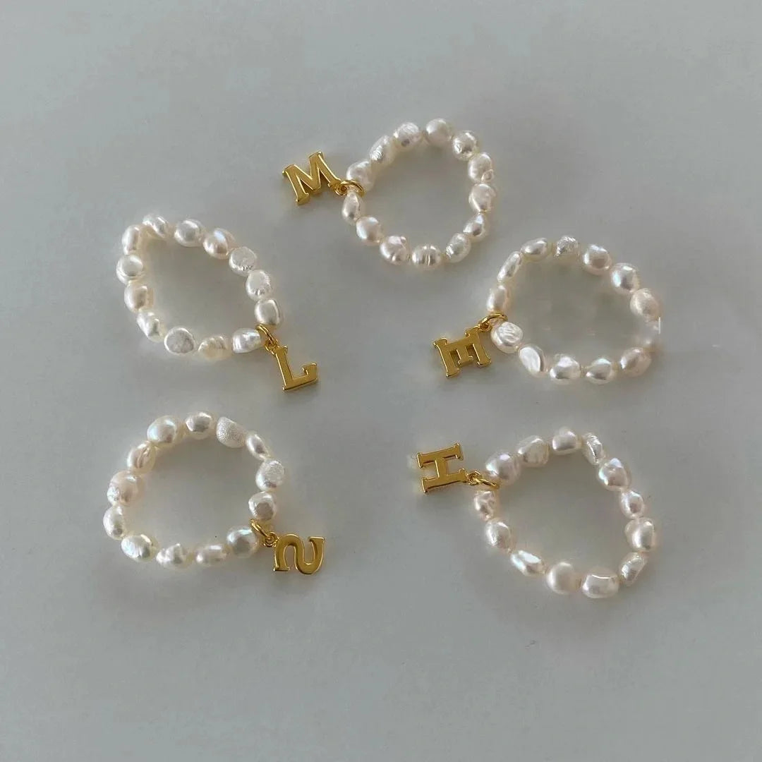 Baroque Beaded Rings Natural Freshwater Pearl 14k Gold Filled Initial Letter Fine Jewelry Elastic Ring