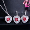 Fashion Women Jewellery Gift Red Cubic Zirconia Stone Love Heart Shape Pendant Necklace and Huggie Earrings Ladies Jewelry Set