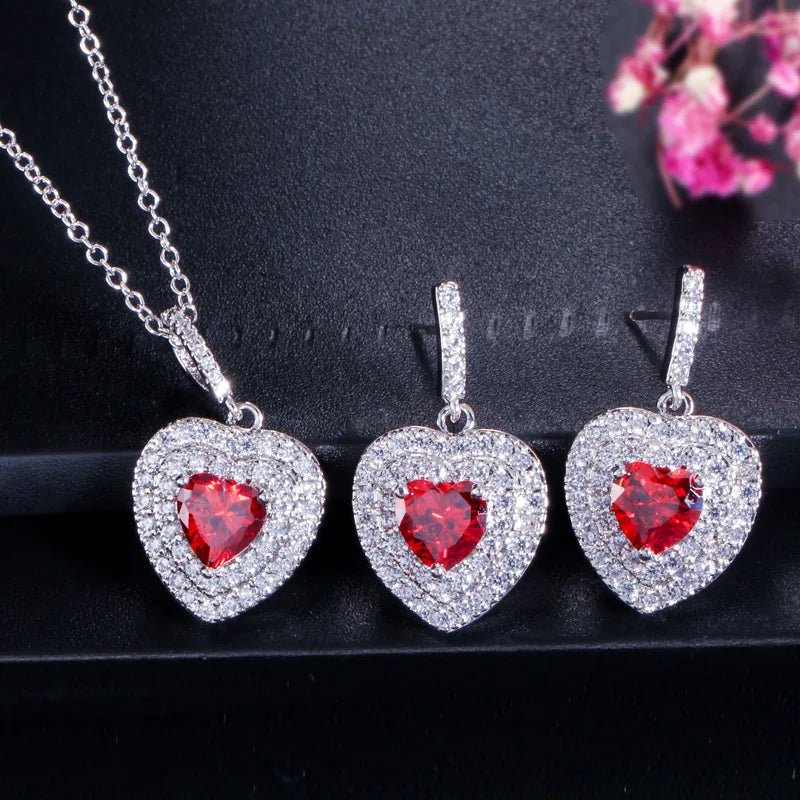 Fashion Women Jewellery Gift Red Cubic Zirconia Stone Love Heart Shape Pendant Necklace and Huggie Earrings Ladies Jewelry Set