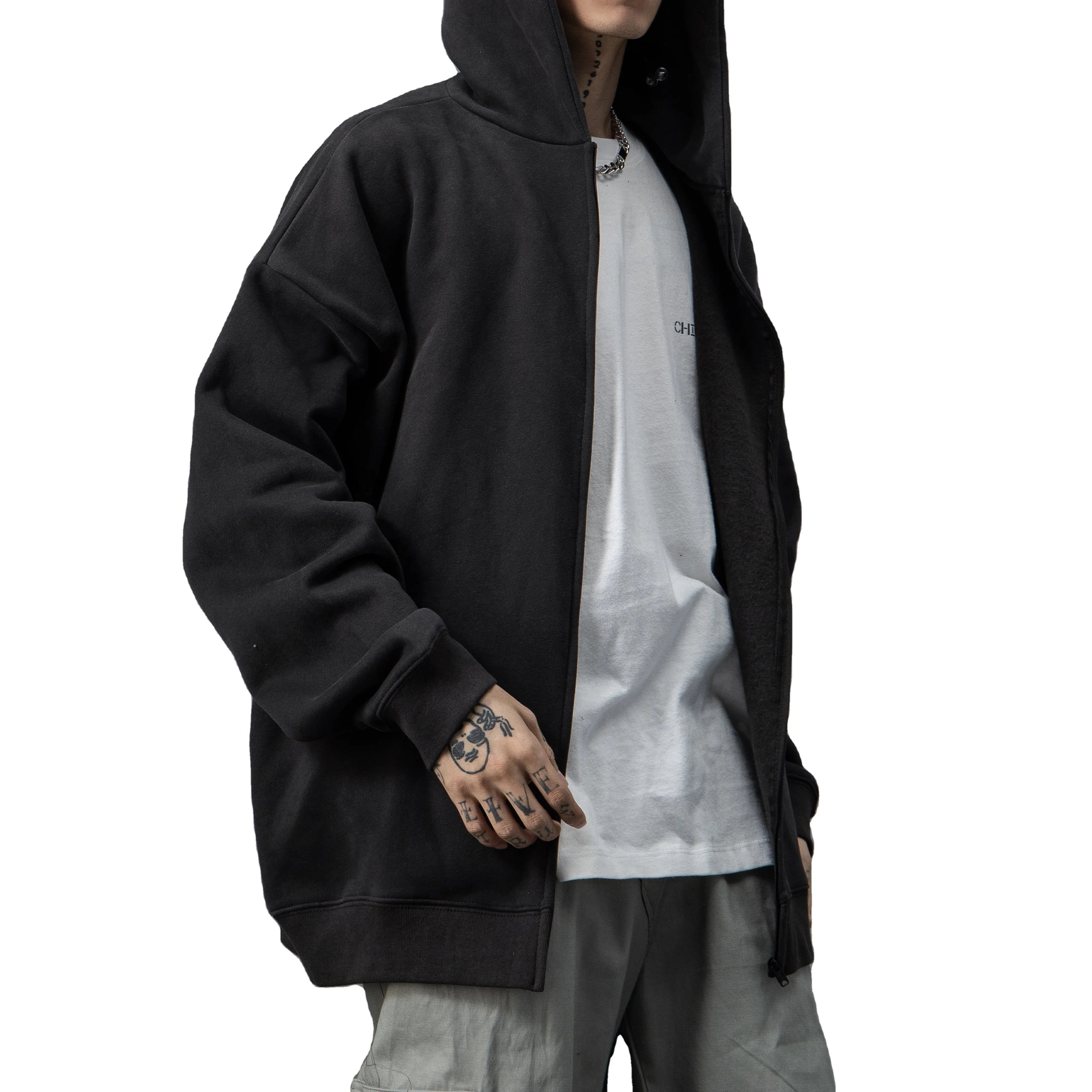 Heavy Boxy Fleece Winter Windproof Zipper-Up Oversized Hip Hop Mens Hoodies Sweatshirts