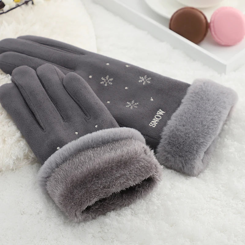Wholesale Fashion Soft Fur Cuff Snowflake Plush Linged Winter Thermal Thouch Screen Gloves for Women