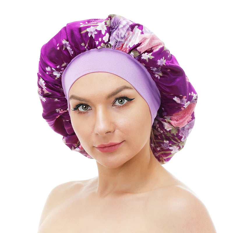 GTOP Wholesale Custom Logo Hair Accessories Flower Print Elastic Wide Band Polyester Bonnet Salon Hat Stain Bonnet for Women