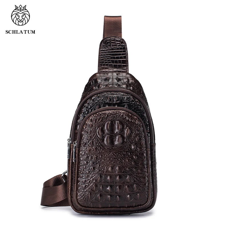 SCHLATUM Genuine Leather Chest Bag for Men Sport Casual Korean Crocodile Pattern Crossbody Sling Zipper Closure Fashion Style