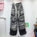 OUDINA Street Fashion Patchwork Denim High Waist Plus Size 3XL Pants Multi-pocket Cargo Pants Trousersd Women's Jeans