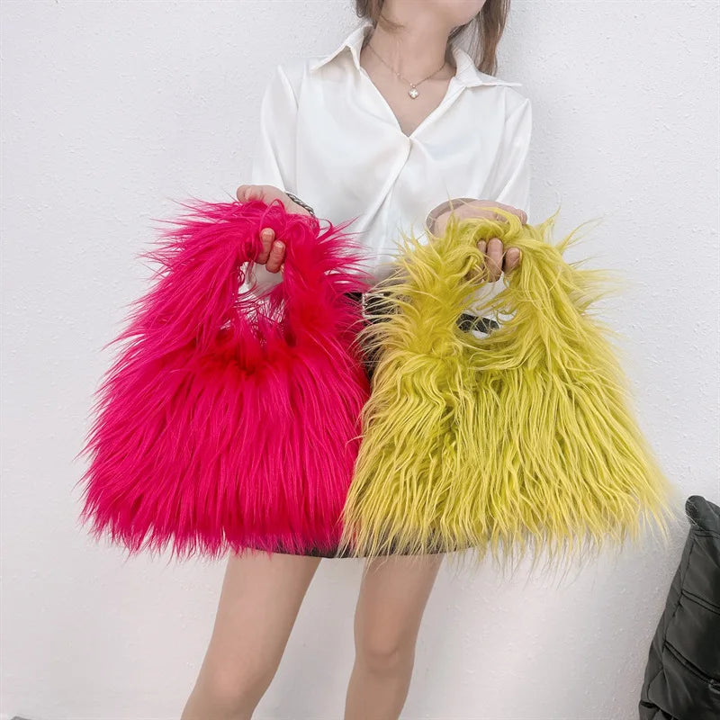 good Handbag Sets Fluffy Plush Faux Sheep Mongolian Hair Fur Slides Slippers for Women