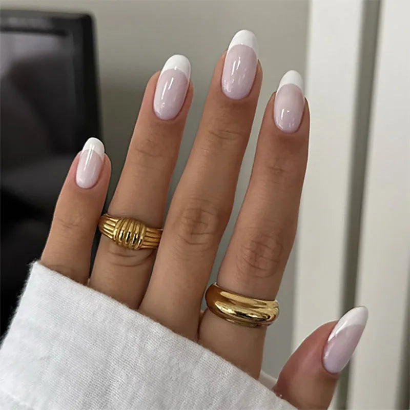 24 Pcs Classic Nude pink French White Wear Short Almond Nails Acrylic Press on Nails Artificial Fingernails False Nails 3683