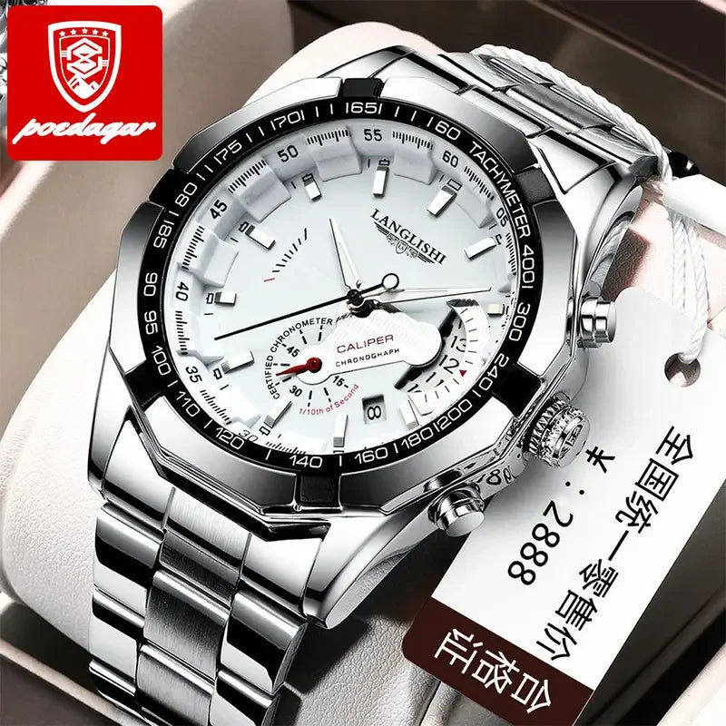 Poedagar Langlishi 1801 Quartz Watch Men's Watches Luxury Stainless Steel Waterproof Luminous Date Business Wrist Watches for Ma