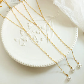 Beimai OEM Necklace Long Tassel Pearl 18k Gold Plated Titanium Steel Sweater Chain Necklace