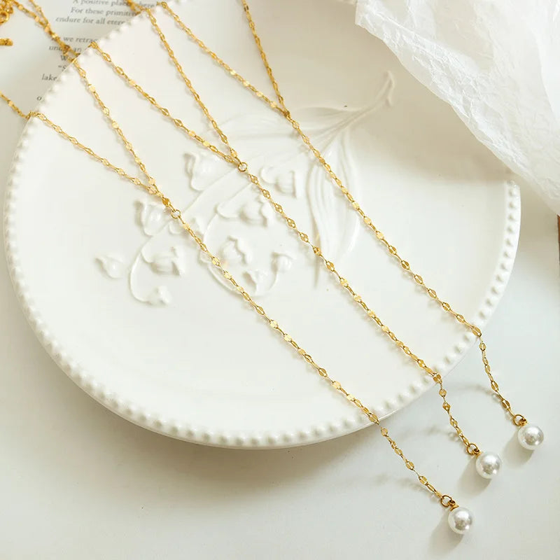 Beimai OEM Necklace Long Tassel Pearl 18k Gold Plated Titanium Steel Sweater Chain Necklace