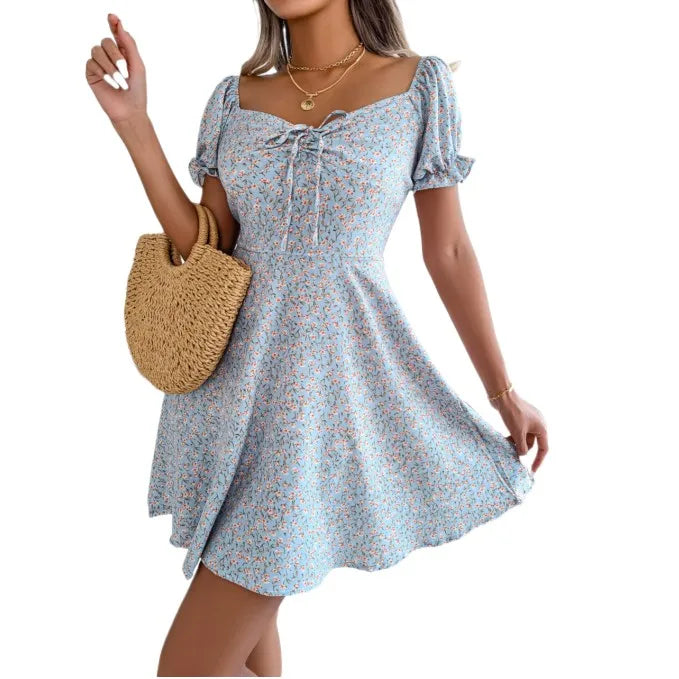 Women's Summer Casual Dress with Flare Sleeve Drawstring Lace-up Floral Print Washable Woven Fabric Ins Style