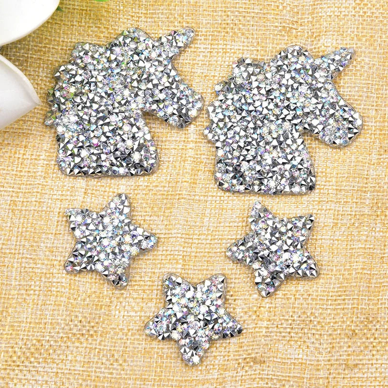 Mix Styles Hot Fix Crystal AB Rhinestone Unicorn Star Motif Iron on Applique Patches for Kids Clothes