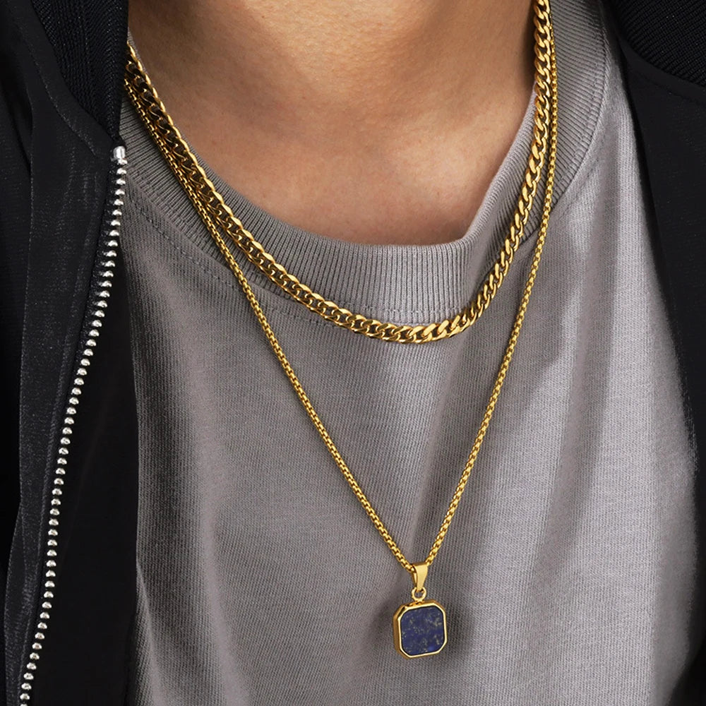 18k Gold Plated Stainless Steel Gemstone Jewelry Layered Set Black Agate Pendant Natural Lapis Lazuli Gem Stone Pendant Necklace