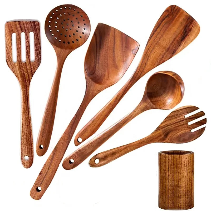 7pc Eco-Friendly Teak Wooden Small Kitchen Utensils Set Hand-Designed Long Shovel Ladle Whisk Colander Forks Holder for Salad