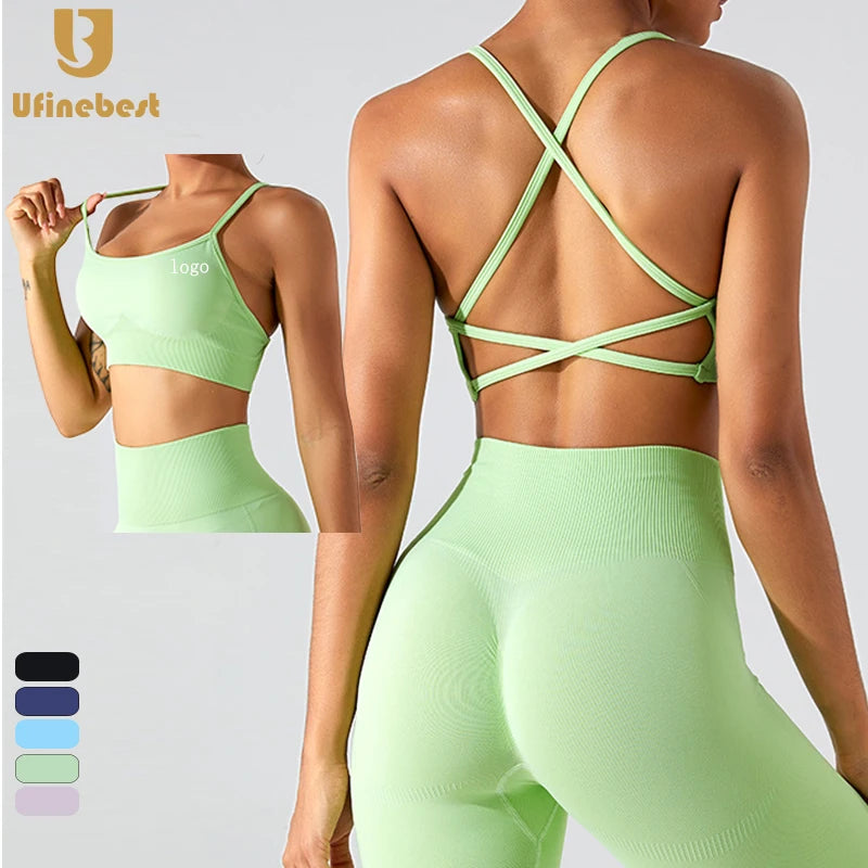 Custom logo Seamless Ropa Deportiva Crop Top Sujetadores Deportivos Push up High Support Fitness Women Yoga Sports Cross Bra Top