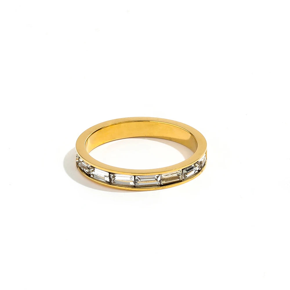 Joolim Jewelry Clear Rectangle Zircon Pave Surround Stainless Steel Ring for Women Trendy New Costume Jewelry