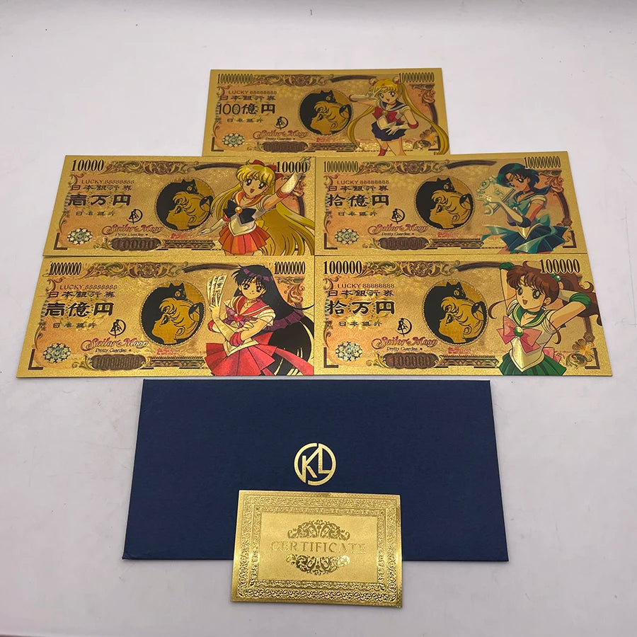 New 10 Designs Japanese Manga Beautiful Sailor Moon Anime Gold Banknote for Classic Memory Souvenir Gifts and Collection Cards