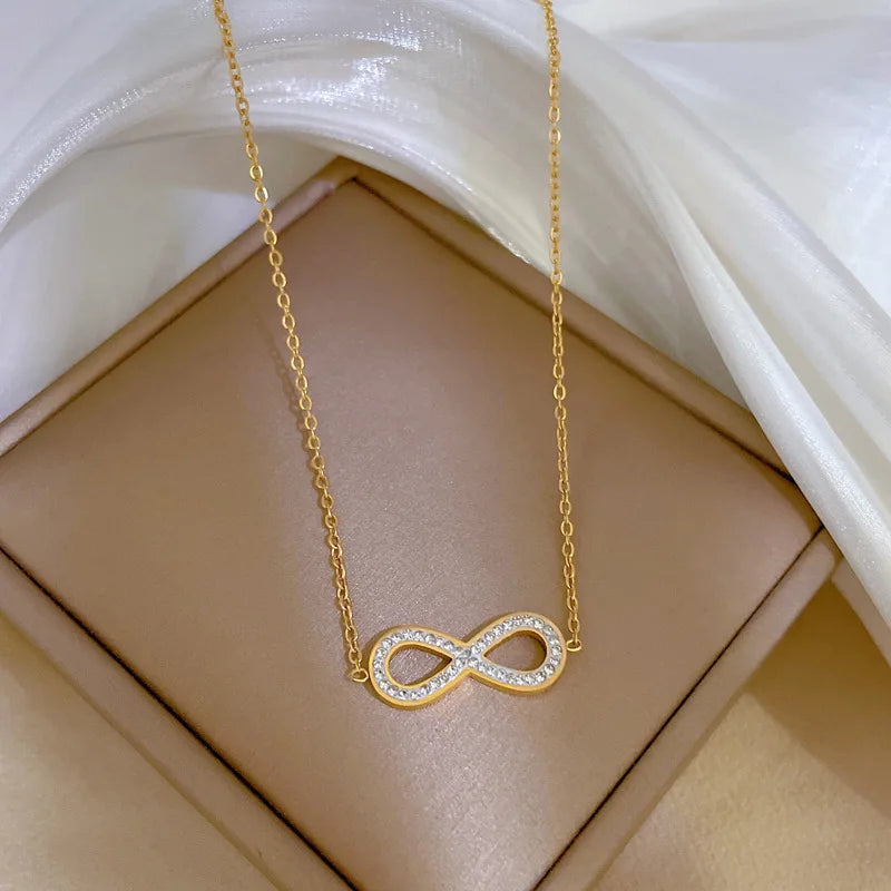 Hot Fashionable Gold Plated Stainless Steel Chain Crystal 8 Infinite Pendant Necklace for Women Girls