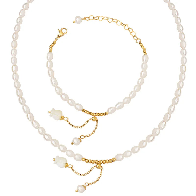 Stainless Steel Gold Irregular Pearl Chain Bracelet Necklace Set Titanium Steel PVD Personalized Freshwater Pearl Necklace
