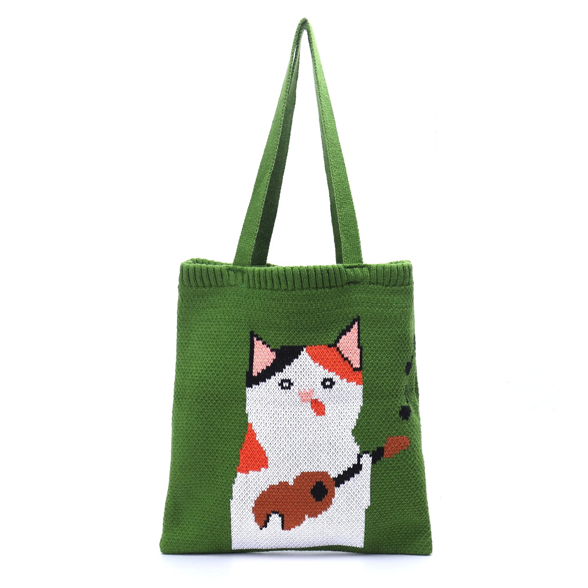 Hot Sale Vintage Cat Cartoon Knitted Tote Bag Fashionable Open Girl's Book Shoulder Bag Two Straps Portable Cute Japan Crochet
