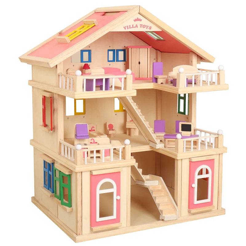 Wooden Toys Kids DIY Solid Wood Big Villa Scene Building Blocks Game Early Education Puzzle Indoor Toys Customized Wholesale