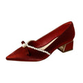 Spring New Pointed Toe Thick Heel Women's French Pearl Bow Single Shoes Medium Heel Daily Versatile